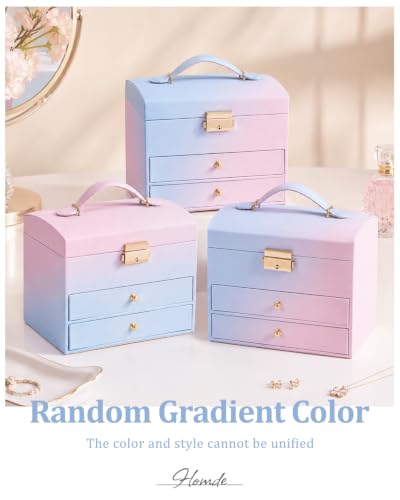 Homde Small Jewelry Box for Girls: 3-Layer Lockable Organizer (Blue-Pink) - color: Blue-Pink Gradient