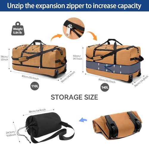 Rolling Duffle Bag with Wheels,110L/140L Expandable Soft-Sided Foldable Duffle Bag with 2 Rubber Wheels,Packable 32” Rolling Carry-On with Multi-Pockets & Compartments,(brown) - color: brown