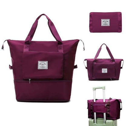 Large Capacity Foldable Travel Bag, Expandable Waterproof Carry on Bag, Dry and Wet Separation Spor Duffel Bags - color: Fuchsia