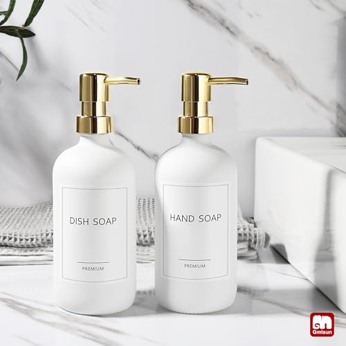GMISUN White Soap Dispenser, 2 Pack Glass Hand Soap Dispensers Bathroom with Gold Pump, 17 Fl Oz Dish Soap Dispenser Set for Kitchen, Refillable Modern Liquid Soap and Lotion Dispensers Bottle - color: White Bottle + Golden Pump, size: 2 Pack