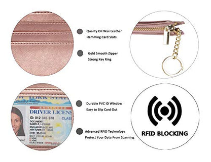 woogwin Slim RFID Credit Card Holder for Women Mini Front Pocket Wallet Purse With Keychain - color: Oil Wax RoseGold