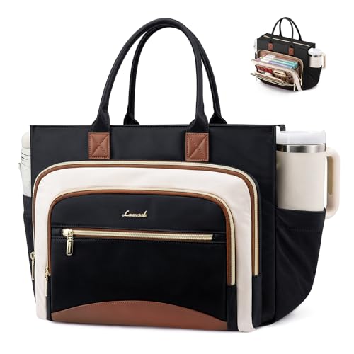 LOVEVOOK Work Tote Bags for Women,Laptop Teacher Bag With File Organizer - color: Black-white-brown, size: 15.6 inch