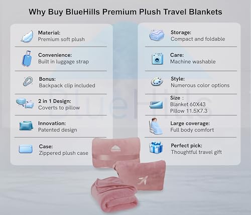BlueHills Premium Soft Plush Mini Travel Blanket Pillow Car Dusty Rose Pink | Compact Airplane Blanket, Portable Pillowcase, Long Flights, 2 in 1 Plane Essentials, Luggage Strap & Carabiner, Lightweight - color: Pink-m02