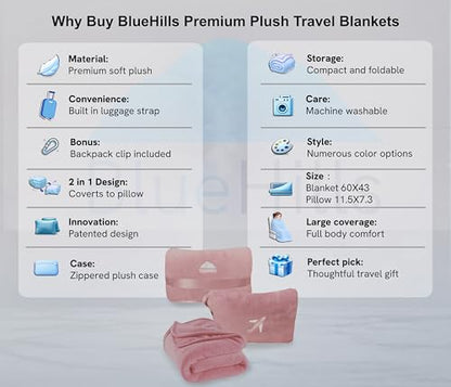 BlueHills Premium Soft 2 Pack Mini Travel Blanket Pillows Dusty Rose Pink - color: Pink-2pk-m22