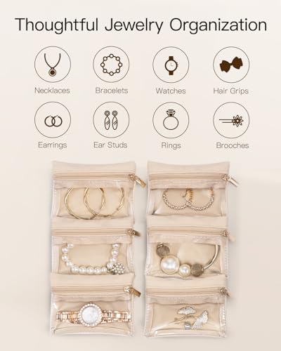 VLANDO Travel Jewelry Organizer with 6 Clear Velvet Zipper Pouches,Green - color: B.6 PCS Green