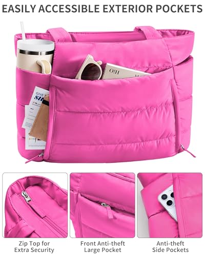 Bagstellar Puffer Tote Bag for Women, Lightweight Puffy Travel Gym Work Bag - color: Hot Pink