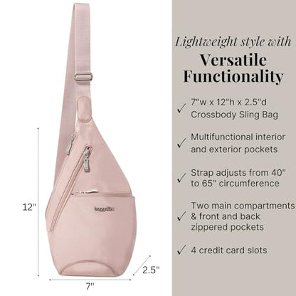 Baggallini Mini Sling - 12x7 Sling Crossbody Bag Backpack with Adjustable Shoulder Strap - color: Blush Shimmer