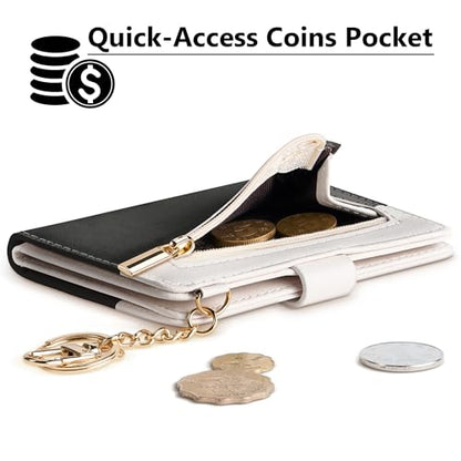 Airkit Small Wallet Women RFID, PU Leather Card Holder with Keychain - color: Black & White