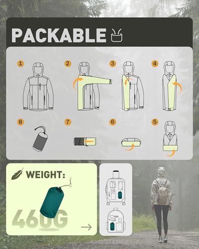 33,000ft Packable Rain Jacket for Women Waterproof Raincoats with Hood - color: Dark Cyan, size: X-Small