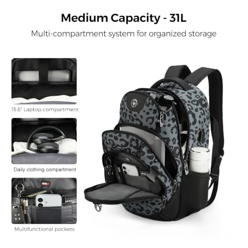 Swissdigital Design Backpack for Men with USB Charging Port SD803-101 - color: Gray Leopard