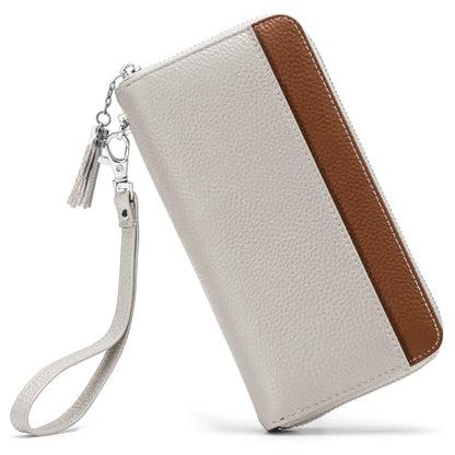 Moflycom Womens Wallet RFID Blocking Genuine Leather Zip Clutch Wristlet - color: Z2 Brown1/Beige1