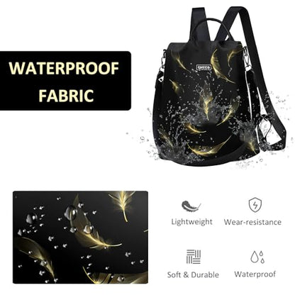 Fmeida Travel Backpack Purse for Women Anti Theft Convertible Backpacks Fashion Waterptoof Nylon Daypack Black Feather - color: Black Feather