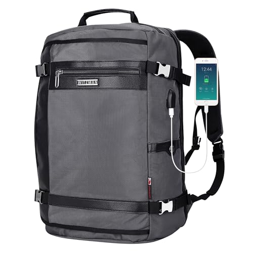 WITZMAN Travel Backpack for Men 35L Carry-on Luggage Bag USB Charging Port - color: Silvery Grey