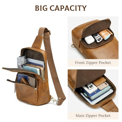 S-ZONE Sling Bag for Men Women RFID Blocking Genuine Leather Crossbody - color: Light Brown