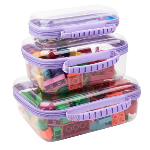 3 PCS Clear Zipper Pouches with Handle, Diaper Bag Organizer, Clear Makeup Bags Hardshell Toy Storage Bins with Zipper Toiletry Pouch Bag for Cosmetics Pencils Puzzles, Building Blocks(Purple) - color: Purple-3pc