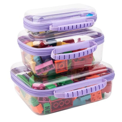 3 PCS Clear Zipper Pouches with Handle, Diaper Bag Organizer, Clear Makeup Bags Hardshell Toy Storage Bins with Zipper Toiletry Pouch Bag for Cosmetics Pencils Puzzles, Building Blocks(Purple) - color: Purple-3pc