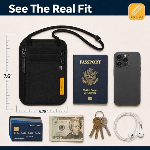 VENTURE 4TH Slim Neck Wallet, RFID Blocking Passport Holder - Black - color: Ebony