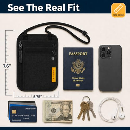 VENTURE 4TH Slim Neck Wallet, RFID Blocking Passport Holder - Black - color: Ebony