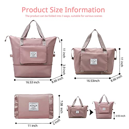Large Capacity Foldable Travel Bag, Expandable Waterproof Carry on Bag, Dry and Wet Separation Spor Duffel Bags - color: Pink