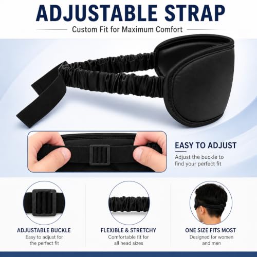ALASKA BEAR Luxurious Silk Eye Mask with Deep Contour Molded Cups for Beauty Sleep & Lashes Extensions, 3D Zero Pressure Sleeping Eye Cover with Easy-to-Adjust Strap - color: Black_concave Eyecups