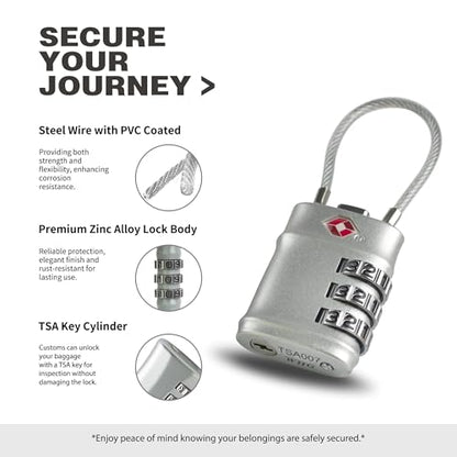Luggage Locks TSA Approved, Small Padlock Combination with Cable, TSA Locks for Luggage, Combo Padlock with Code, for Travel Suitcase, Gym Locker, Gun Case, Backpack Zipper (Black+Silver) - color: Black+Silver, style: Flexible Cable