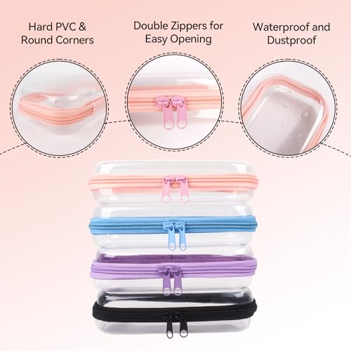 Klmnop 4 Pcs Clear Hard Shell Zipper Case, Hard Plastic Zipper Pouches Makeup Bag with Labels, Small Transparent Cases for Snacks, Makeup, Puzzles, Cosmetics(Multicolor,7.6 x 4.1 x 1.9 in)