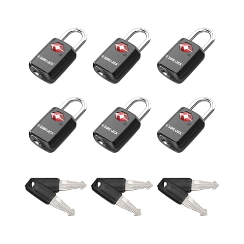 SURE LOCK Mini TSA Approved Keyed Luggage Lock – One Key Opens All, Fits Tight Zipper Gaps & Small Pull Holes, Compact Travel Lock for Suitcases, Backpacks & Handbags - color: BLACK 6 LOCKS