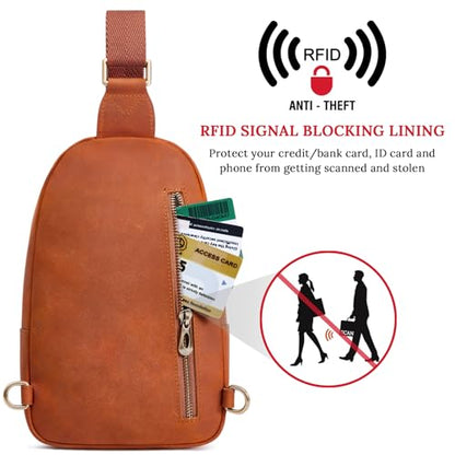 S-ZONE Leather Sling Bags for Women Men Fanny Packs Chest Bag RFID Blocking - color: Cognac