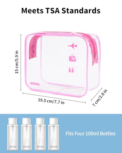 WANDF TSA Approved Toiletry Bag, 2 Pack Clear Makeup Bag - color: Pink Pack of 2, size: Pack of 2