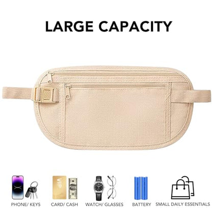 Money Belt for Travel with Anti-Theft RFID Blocking Cards Cover, Phone Wrist Strap, Passport Holder, Slim Waist Wallet Men Women, Money Pouch under Clothes for Travel, Running, Hiking, Beige - color: Beige