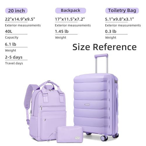 22 Inch Carry On Luggage, 3-piece Luggage Set Carry-on Suitcase - color: Lavender-3pcs, style: 3 Piece Set (Backpack)