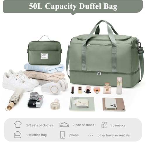 Large Travel Duffel Bag with Shoe Compartment, Weekender Bags for Women - color: B-Green with Toiletry Bag, size: Large