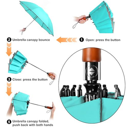 Reverse Umbrella 50 Inch Large Golf 10 Rib Auto Open Close Rain Travel - color: 06.Lake Green