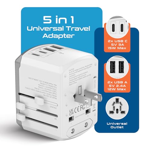Ceptics 5 in 1 Travel Adapter Worldwide, Universal Socket, 2 USB-A + USB-C - color: White/Silk