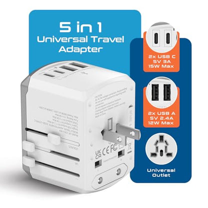 Ceptics 5 in 1 Travel Adapter Worldwide, Universal Socket, 2 USB-A + USB-C - color: White/Silk
