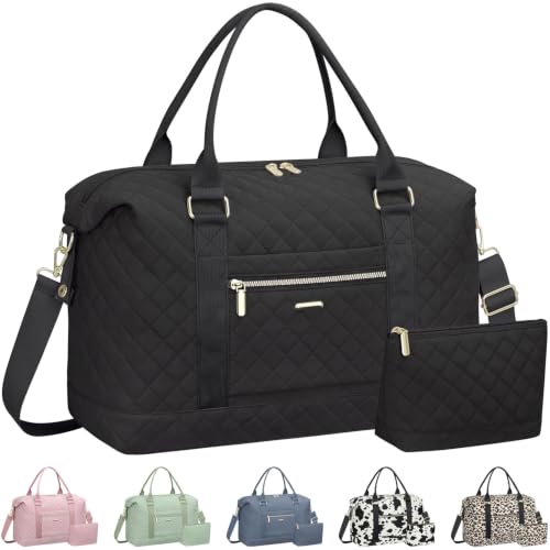 Tenot Quilted Duffle Bag for Women Travel Tote Bag with Luggage Sleeve - color: Black, size: Medium