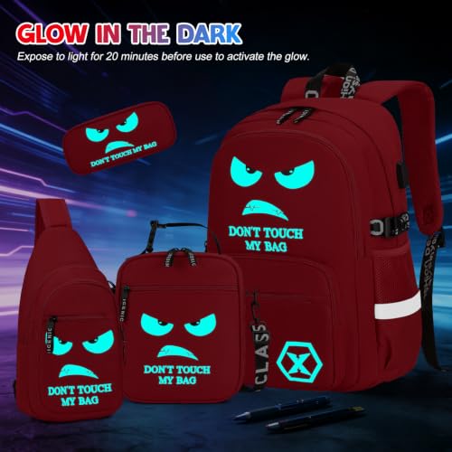 Backpack for Boys, 4PCS Cool Luminous Boy Backpack with Lunch Box | Sling Bag & Pencil Case for Kids, Bookbag for Boys Teens Elementary Middle School Students, Schoolbag Glow In The Dark - color: Red