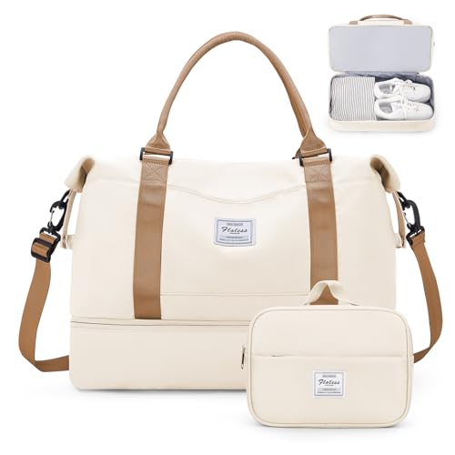 Weekender Bags for Women, Personal Item Travel Bag with Shoes Compartment - color: Beige & Brown, size: Medium