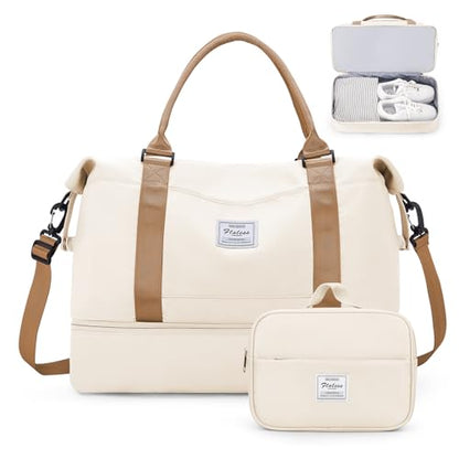 Weekender Bags for Women, Personal Item Travel Bag with Shoes Compartment - color: Beige & Brown, size: Medium