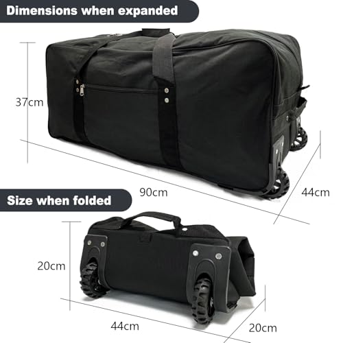 36" Extra Large Foldable Rolling Duffle Bag with Support, Heavy-Duty Spacious Checked Luggage Bag, Wheelered Cargo Tote for Travel Camping Moving, Black