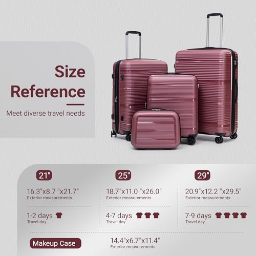 Rosamo 4 Piece PP Hardside Expandable Luggage Set - Lightweight 29/25/21/16 Inch Spinner Suitcase with TSA Lock & Telescoping Handle, Durable Travel Luggage - color: WineRed