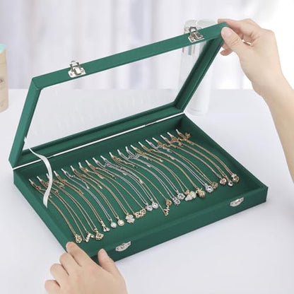 KUKUVR 20 Hooks Velvet Necklace Organizer Box for Jewelry Display (Green) - color: Green