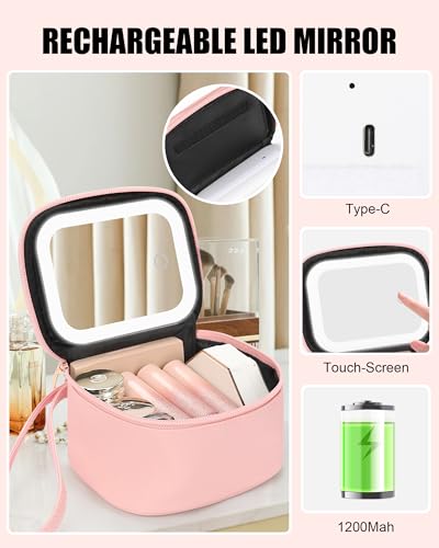 Relavel Mini Makeup Bag with Led Mirror, Initial Make Up Bag, Pink P - color: Pink, size: Mini with Letter, style: P