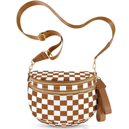 Checkered Crossbody Bags for Women, Large Nylon Bum Bags - color: Brown Checkered