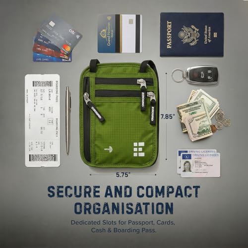 Zero Grid RFID Travel Neck Wallet, Large Passport Holder, Green - color: Green, size: Solo/Couple