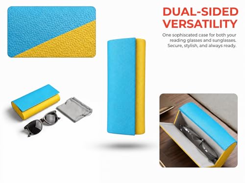 Double Sided Glasses Case Hard Shell,Sunglasses Case & Eyeglass Case with Cleaning Cloth & Storage Pouch - color: Yellow-turquoise