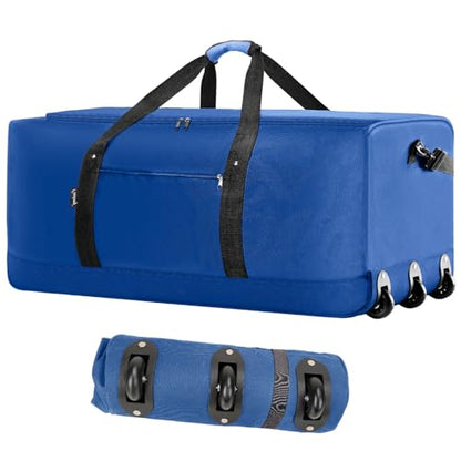 Finnhomy 120L Foldable Rolling Duffel Bag with 3 Wheels, Light Weight Travel Duffel bag with Large Loading Capacity, 32'' Rolling Duffel bag with Shoulder Strap - color: Blue