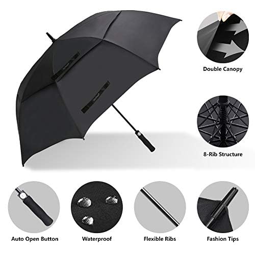 USA Large Oversize Golf Umbrella Double Canopy Vented Windproof Stick Umbrella with Teflon Coating, Automatic Golf Umbrellas,Black - color: Black, style: Modern