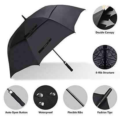USA Large Oversize Golf Umbrella Double Canopy Vented Windproof Stick Umbrella with Teflon Coating, Automatic Golf Umbrellas,Black - color: Black, style: Modern