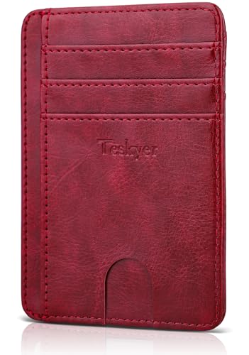 Teskyer Slim Minimalist Wallet for Men, RFID Front Pocket Card Holder - color: Wine Red